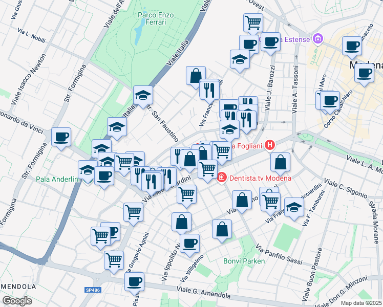 map of restaurants, bars, coffee shops, grocery stores, and more near 2-50 Strada San Faustino in Modena