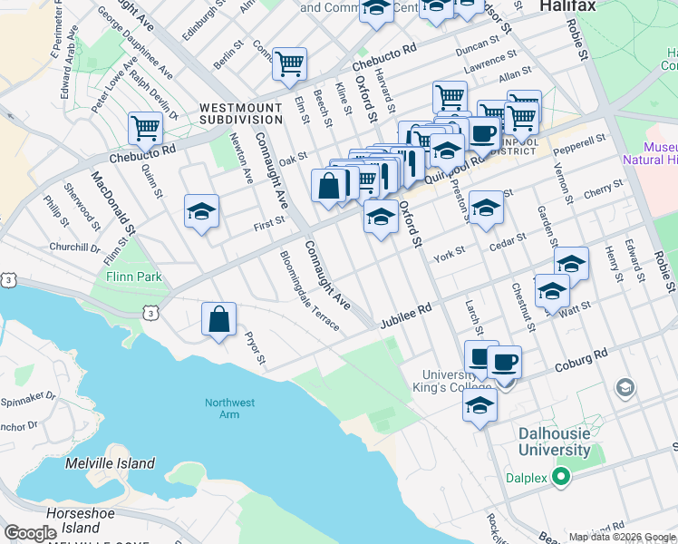 map of restaurants, bars, coffee shops, grocery stores, and more near 6575 Norwood Street in Halifax