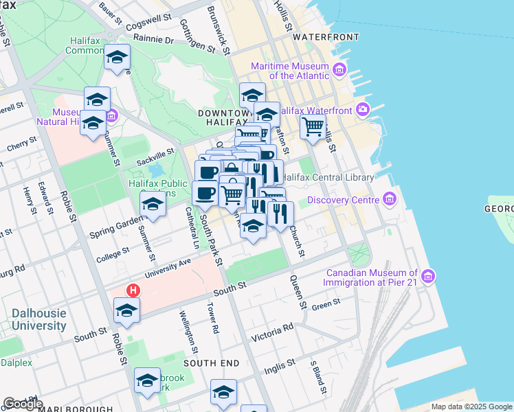 map of restaurants, bars, coffee shops, grocery stores, and more near 5486 Clyde Street in Halifax