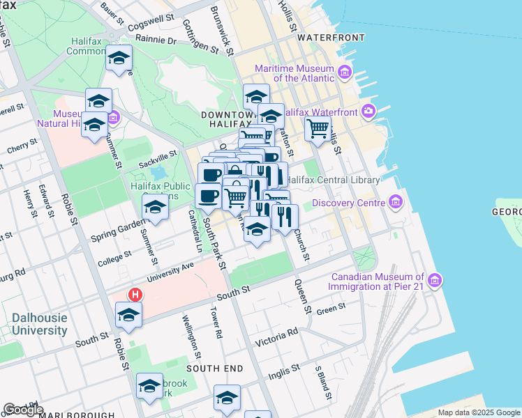 map of restaurants, bars, coffee shops, grocery stores, and more near 5485 Clyde Street in Halifax
