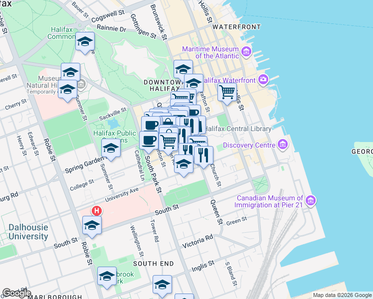 map of restaurants, bars, coffee shops, grocery stores, and more near 5486 Clyde Street in Halifax