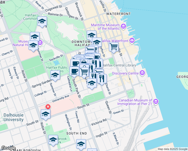 map of restaurants, bars, coffee shops, grocery stores, and more near 5484 Clyde Street in Halifax