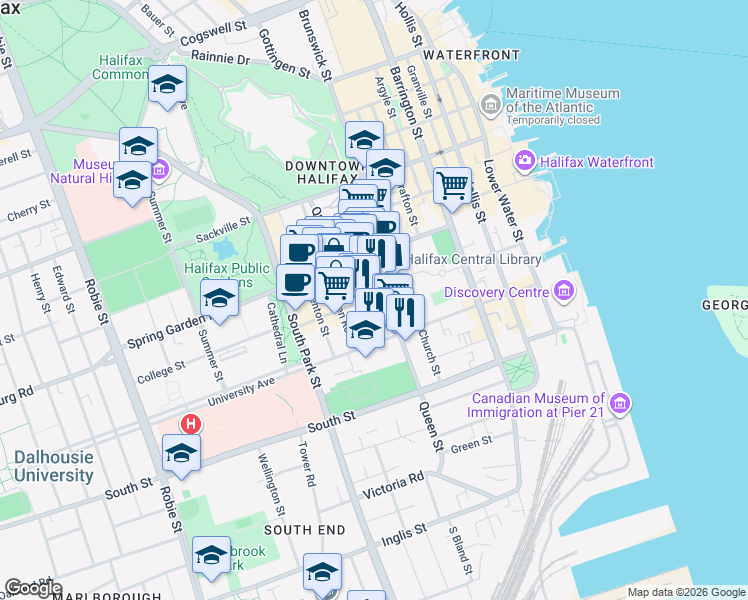 map of restaurants, bars, coffee shops, grocery stores, and more near 5484 Clyde Street in Halifax