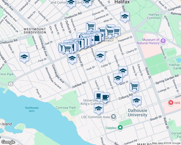 map of restaurants, bars, coffee shops, grocery stores, and more near 6347 Cornwall Street in Halifax
