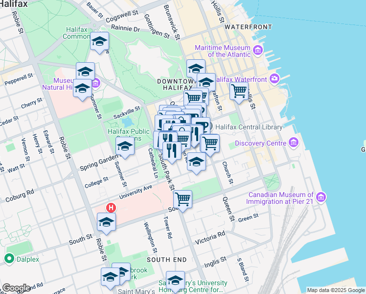 map of restaurants, bars, coffee shops, grocery stores, and more near Dresden Row in Halifax