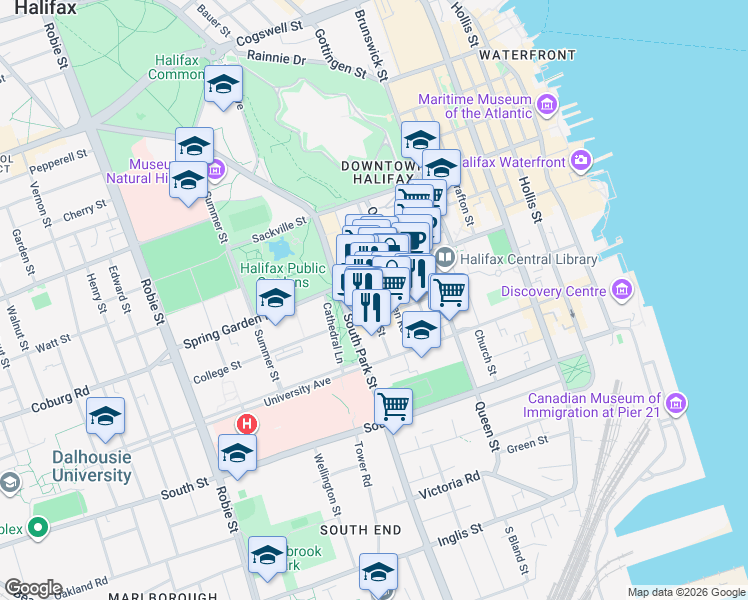 map of restaurants, bars, coffee shops, grocery stores, and more near 1465 Brenton Street in Halifax