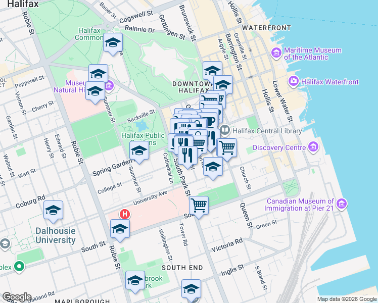map of restaurants, bars, coffee shops, grocery stores, and more near 1465 Brenton Street in Halifax