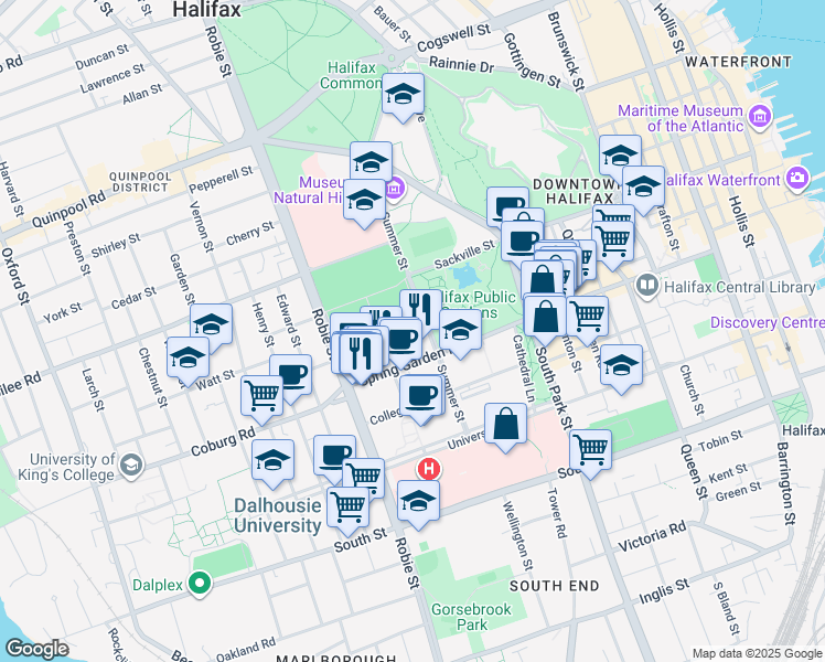 map of restaurants, bars, coffee shops, grocery stores, and more near 1540 Summer Street in Halifax