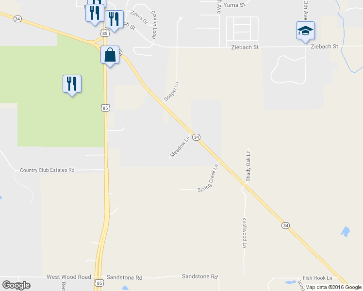 map of restaurants, bars, coffee shops, grocery stores, and more near 19099 Meadow Lane in Belle Fourche