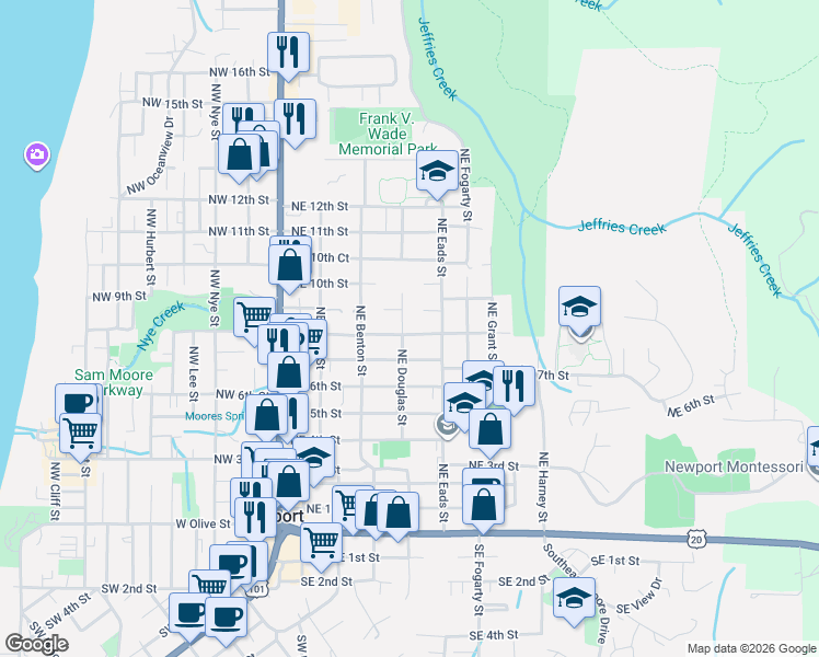 map of restaurants, bars, coffee shops, grocery stores, and more near 725 Northeast Douglas Street in Newport