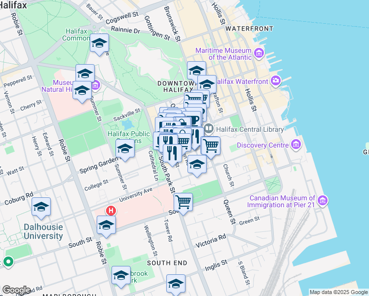 map of restaurants, bars, coffee shops, grocery stores, and more near Dresden Row in Halifax