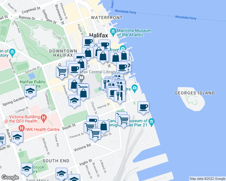 map of restaurants, bars, coffee shops, grocery stores, and more near 1266 Hollis Street in Halifax