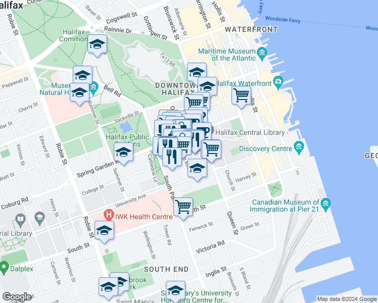 map of restaurants, bars, coffee shops, grocery stores, and more near 5543 Clyde Street in Halifax