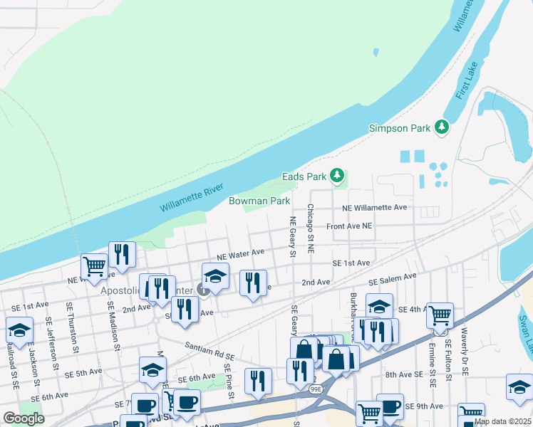 map of restaurants, bars, coffee shops, grocery stores, and more near 406 Northeast Denver Street in Albany