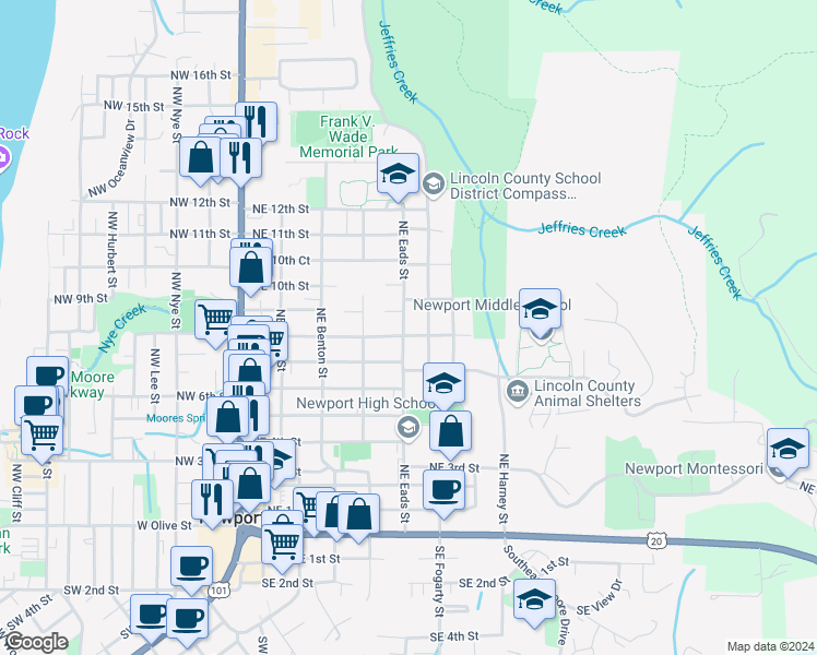 map of restaurants, bars, coffee shops, grocery stores, and more near 511 Northeast 8th Street in Newport