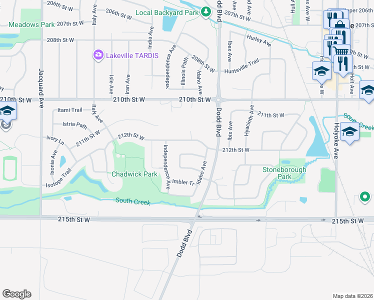 map of restaurants, bars, coffee shops, grocery stores, and more near 21216 Ilvista Way in Lakeville