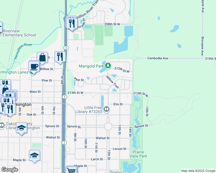 map of restaurants, bars, coffee shops, grocery stores, and more near 1134 Pine Street in Farmington
