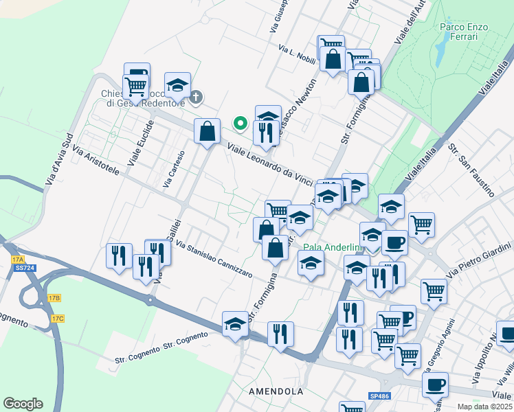 map of restaurants, bars, coffee shops, grocery stores, and more near Via Luigi Pasteur in Modena