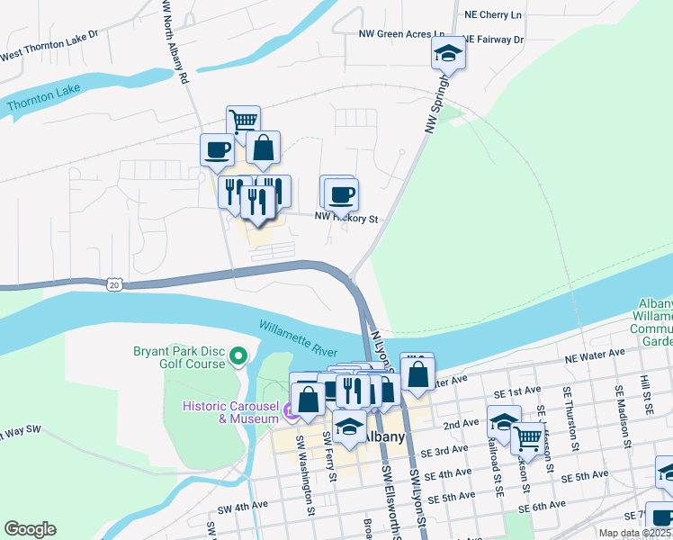 map of restaurants, bars, coffee shops, grocery stores, and more near 99 Albany Corvallis Highway in Albany