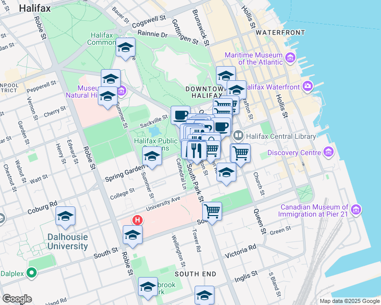 map of restaurants, bars, coffee shops, grocery stores, and more near 5686 Spring Garden Road in Halifax
