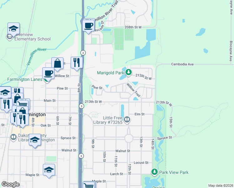 map of restaurants, bars, coffee shops, grocery stores, and more near 3261 213th Street West in Farmington