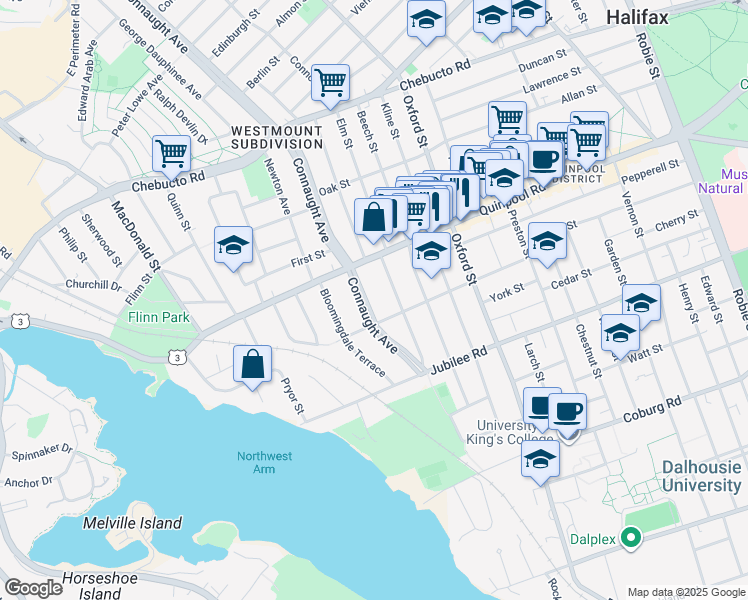 map of restaurants, bars, coffee shops, grocery stores, and more near Connaught Avenue in Halifax