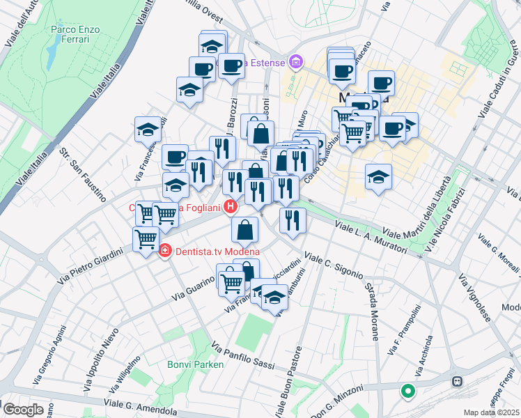 map of restaurants, bars, coffee shops, grocery stores, and more near 1-31 Via Giuseppe Jacopi in Modena