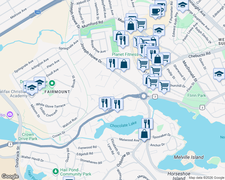map of restaurants, bars, coffee shops, grocery stores, and more near 5 Craigmore Drive in Halifax