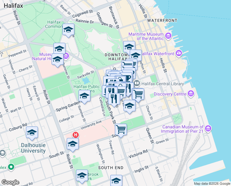 map of restaurants, bars, coffee shops, grocery stores, and more near 5543 Clyde Street in Halifax