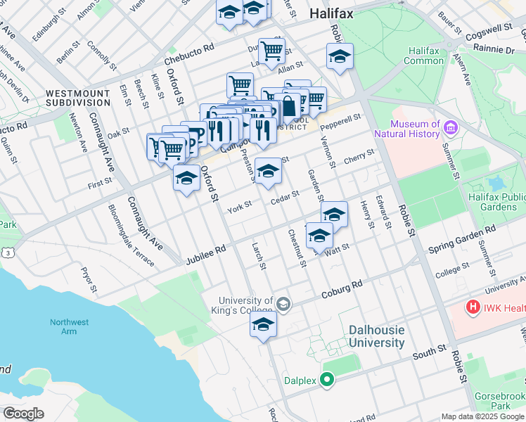 map of restaurants, bars, coffee shops, grocery stores, and more near 1758 Preston Street in Halifax