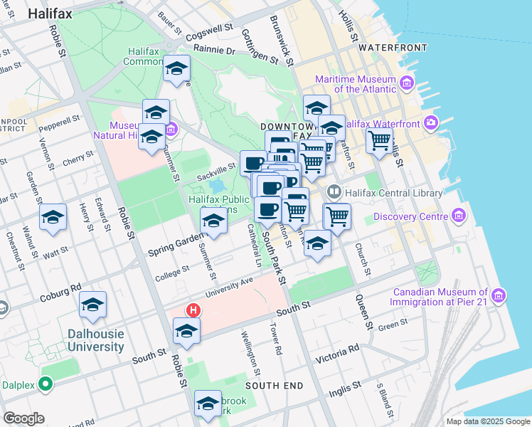 map of restaurants, bars, coffee shops, grocery stores, and more near 5690 Spring Garden Road in Halifax