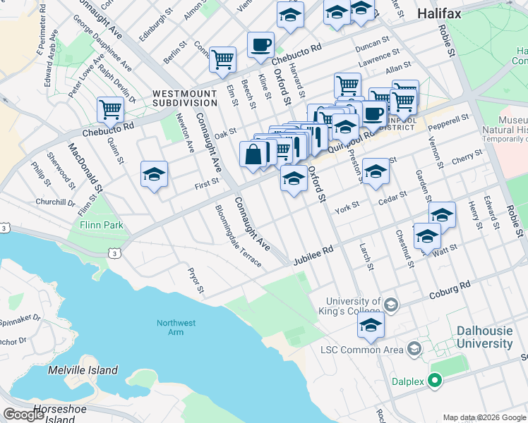map of restaurants, bars, coffee shops, grocery stores, and more near 1932 Rosebank Avenue in Halifax
