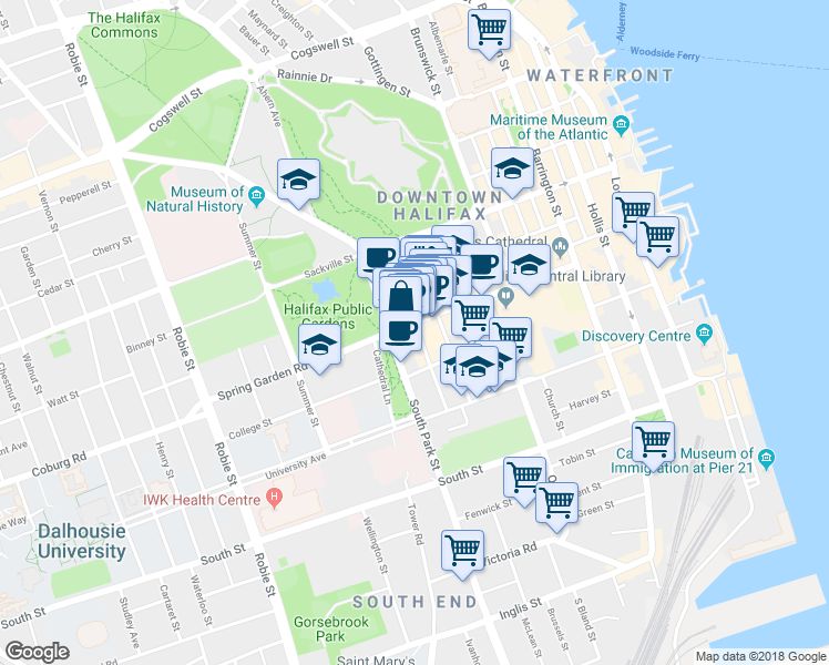map of restaurants, bars, coffee shops, grocery stores, and more near 5657 Spring Garden Road in Halifax