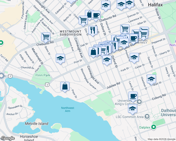 map of restaurants, bars, coffee shops, grocery stores, and more near 1950 Connaught Avenue in Halifax