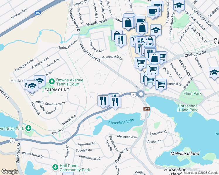map of restaurants, bars, coffee shops, grocery stores, and more near 5 Craigmore Drive in Halifax