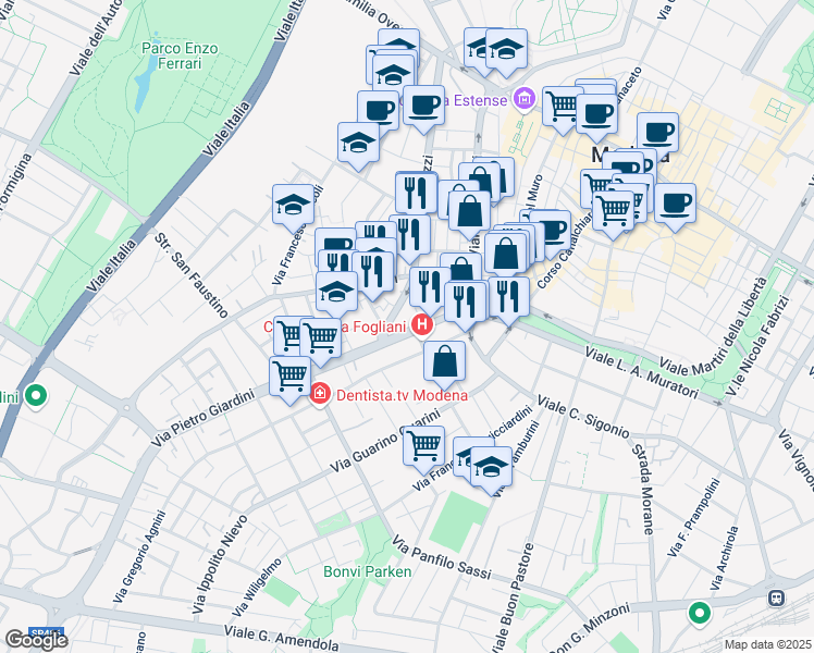 map of restaurants, bars, coffee shops, grocery stores, and more near 140 Via Pietro Giardini in Modena