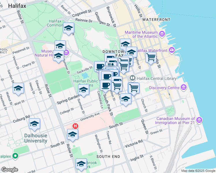 map of restaurants, bars, coffee shops, grocery stores, and more near 5670 Spring Garden Road in Halifax
