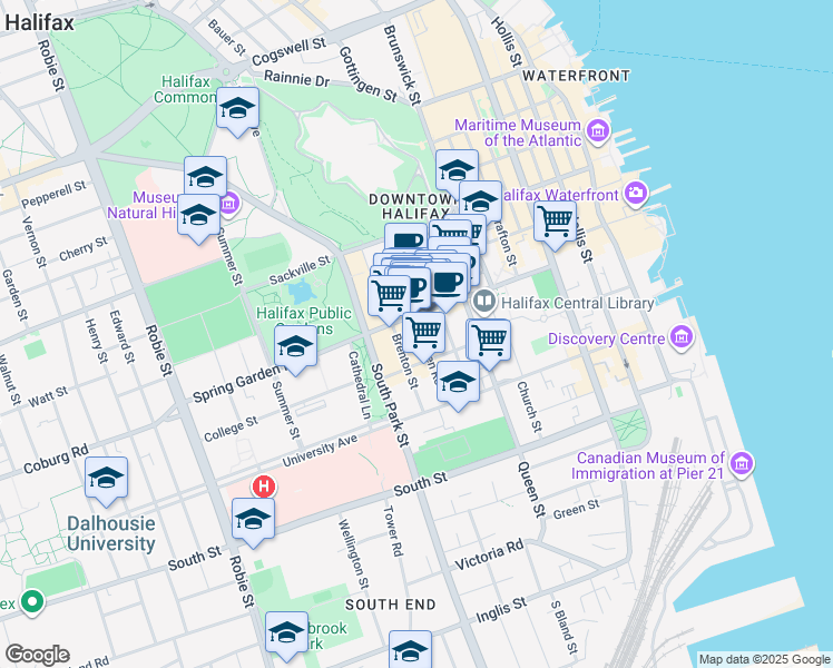 map of restaurants, bars, coffee shops, grocery stores, and more near 1448 Dresden Row in Halifax