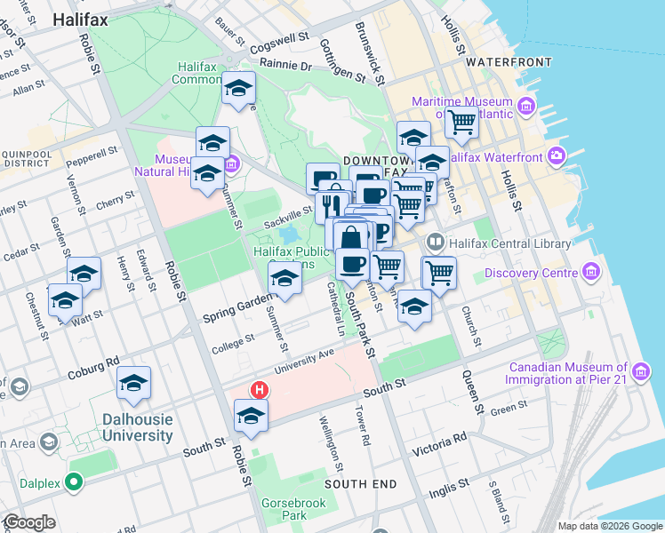 map of restaurants, bars, coffee shops, grocery stores, and more near 1545A South Park Street in Halifax