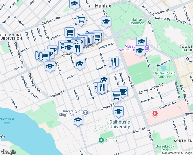 map of restaurants, bars, coffee shops, grocery stores, and more near 6177 Jubilee Road in Halifax