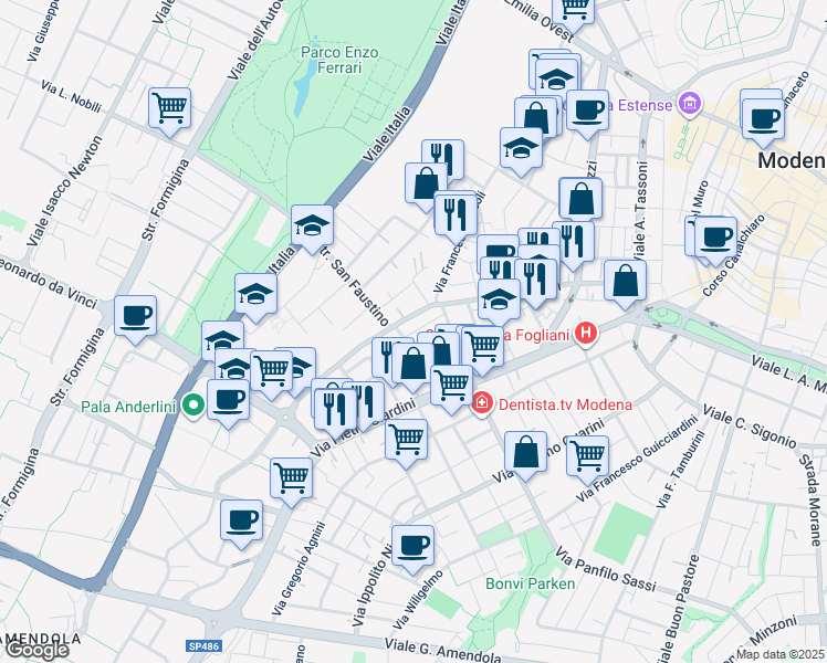 map of restaurants, bars, coffee shops, grocery stores, and more near 197 Via Giuseppe Luosi in Modena