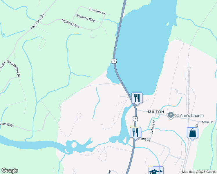 map of restaurants, bars, coffee shops, grocery stores, and more near 34 U.S. 7 in Milton