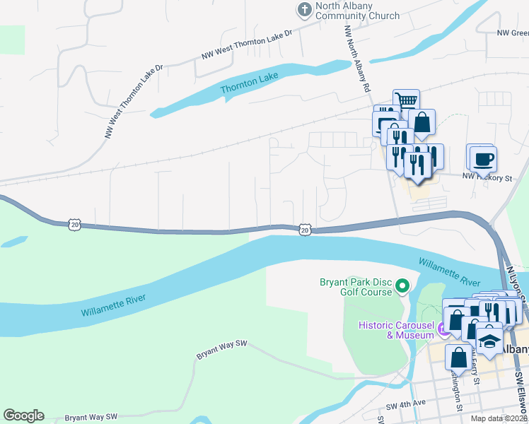 map of restaurants, bars, coffee shops, grocery stores, and more near 320 Walker Lane Northwest in Albany