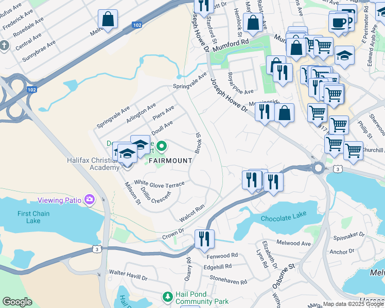 map of restaurants, bars, coffee shops, grocery stores, and more near 26 Downs Avenue in Halifax