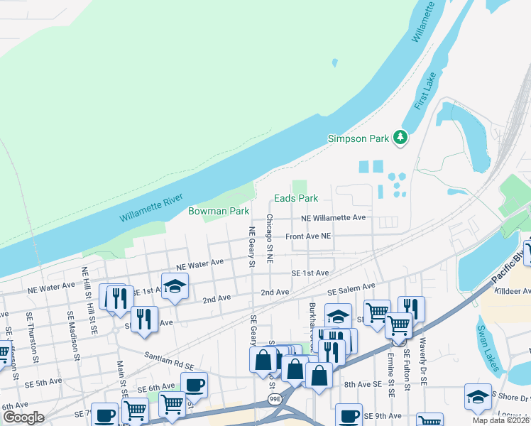 map of restaurants, bars, coffee shops, grocery stores, and more near 425 Chicago Street Northeast in Albany