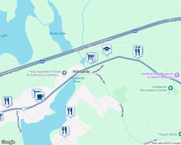 map of restaurants, bars, coffee shops, grocery stores, and more near 35 Shankel Road in Hubbards