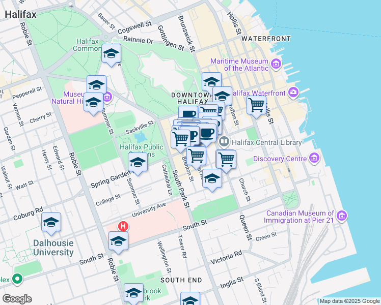 map of restaurants, bars, coffee shops, grocery stores, and more near 5640 Spring Garden Road in Halifax