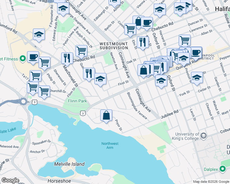 map of restaurants, bars, coffee shops, grocery stores, and more near 6676 First Street in Halifax