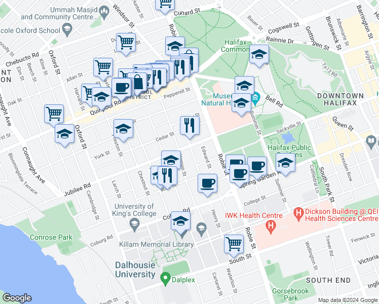 map of restaurants, bars, coffee shops, grocery stores, and more near 1688 Henry Street in Halifax