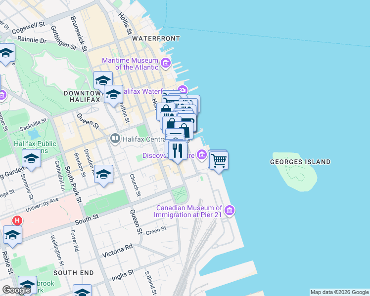 map of restaurants, bars, coffee shops, grocery stores, and more near 1326 Lower Water Street in Halifax